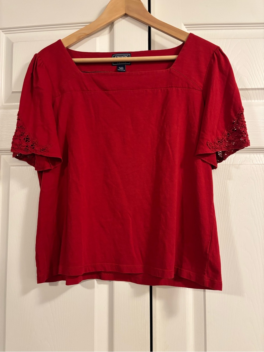 VTG Chaps Red Short Sleeve Square Neck Top with Lace-Trim Sleeves